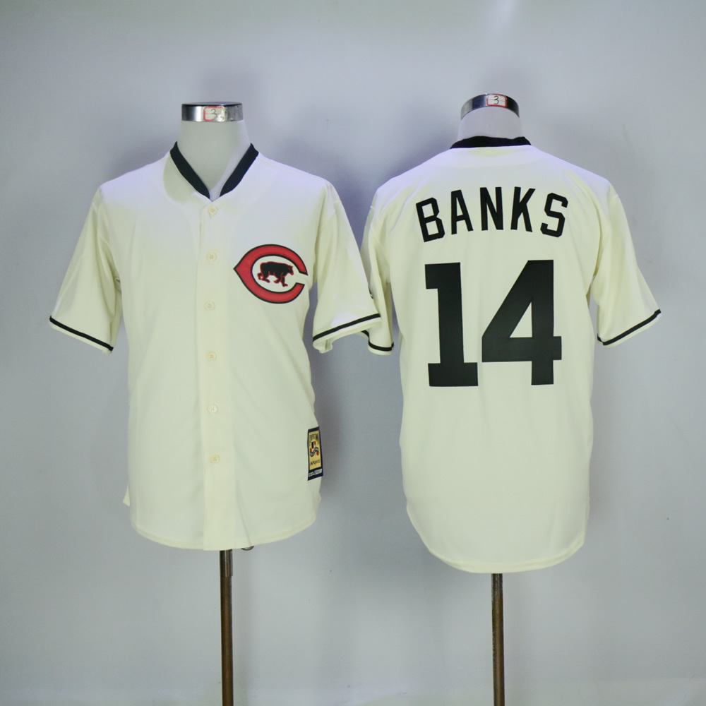 Men Chicago Cubs #14 Banks Cream Throwback MLB Jerseys->chicago cubs->MLB Jersey